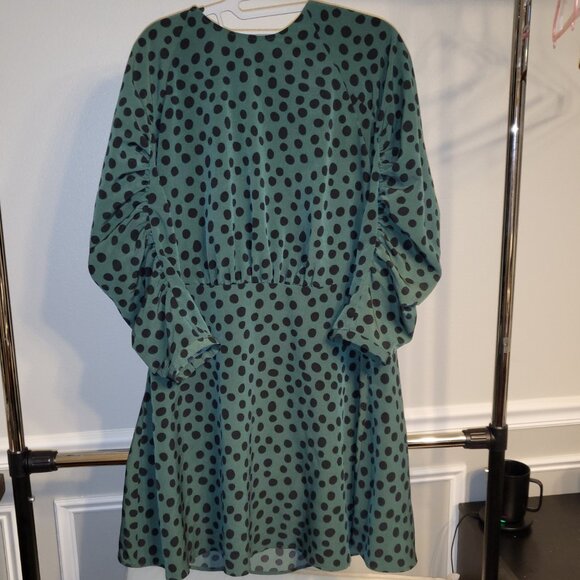 Who What Wear Dress 3/4 Shirred Sleeves Green Black Polka Dots L Whimsigoth - Picture 2 of 14